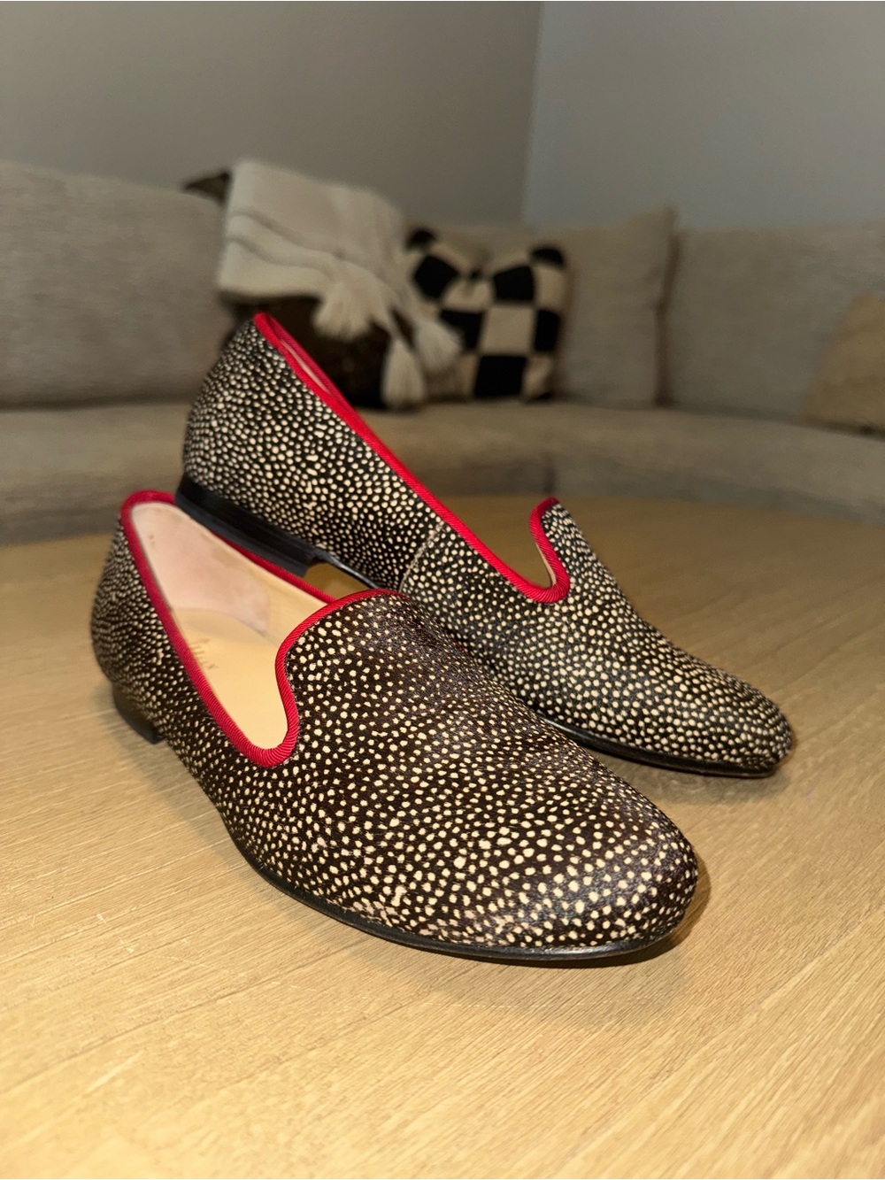 Cole Haan Women's Black and Cream Spotted Loafers with Red Trim